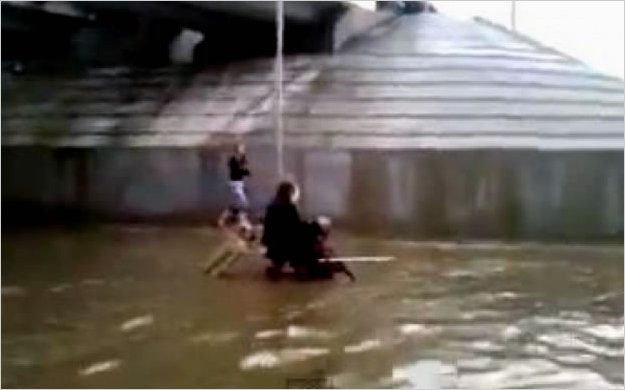 Perro empuja a hombre en silla de ruedas en medio de inundaciÃ³n